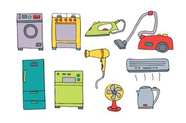 Colorful doodle household appliances illustrations collection in vector. Colorful household appliances icons set. Household appliances set