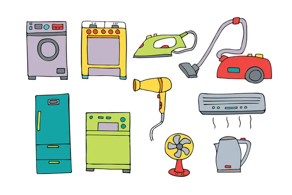 Colorful Doodle Household Appliances Illustrations Collection Vector Colorful Household Appliances — Stock vektor