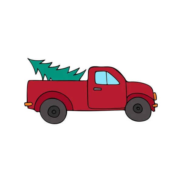 Bunte Doodle Pickup Mit Weihnachtsbaum Illustration Vektor Bunte Pickup Truck — Stockvektor