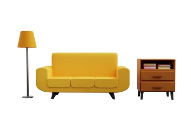 Çekmeceli, kanepeli, masa ve lambalı 3D mobilyalar. Çekmeceli, kanepeli, masa ve lambalı ev mobilyalarının 3 boyutlu çizimi