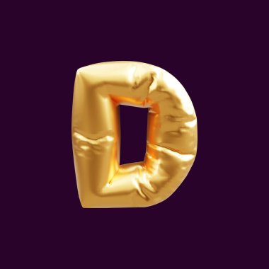 Altın harfli 3D balon çizimi. Altın sermaye d harf balonunun 3d illüstrasyonu.