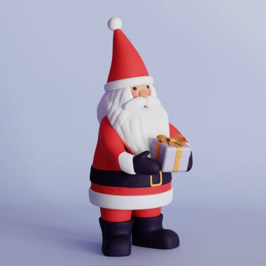 Noel Baba, izole edilmiş arka planda yeni yıl ya da Noel için bir hediye kutusu tutuyor.