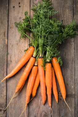 Köy arka planında taze havuçlar. Sağlıklı vejetaryen sebze yemeği.