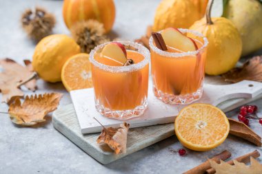 Elmalı ve tarçınlı bir bardakta balkabağı pançı ya da sangria. Cadılar Bayramı ve Şükran Günü. Geleneksel sonbahar, kış içkileri ve kokteyller