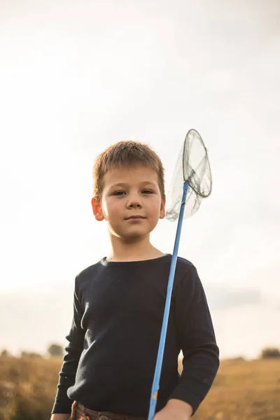Young Boy Butterfly Net Walking Meadow Child Playing Catching Insects — Stock Photo, Image