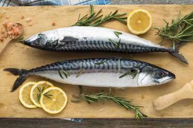 Arka planda limonlu, tuzlu ve öğle yemeği malzemeli uskumru balığı filetosu. Üst Görünüm