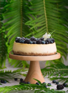 Cheesecake 'in yan görüntüsünü kapat. Sonbahar tatlısı