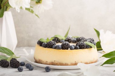 Cheesecake 'in yan görüntüsünü kapat. Sonbahar tatlısı