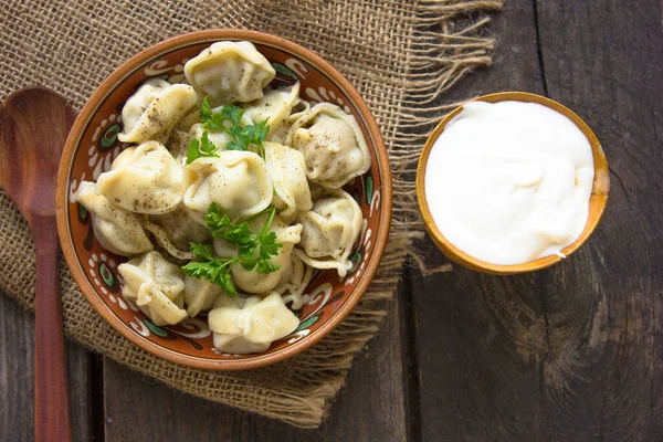 Dumplings Stuffed Meat Ravioli Pierogi Dumplings Stuffing Russian Cuisine — Stock Photo, Image