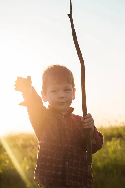 Lindo Chico Años Campo Atardecer Retrato Niño Pelo Rubio Verano —  Fotos de Stock