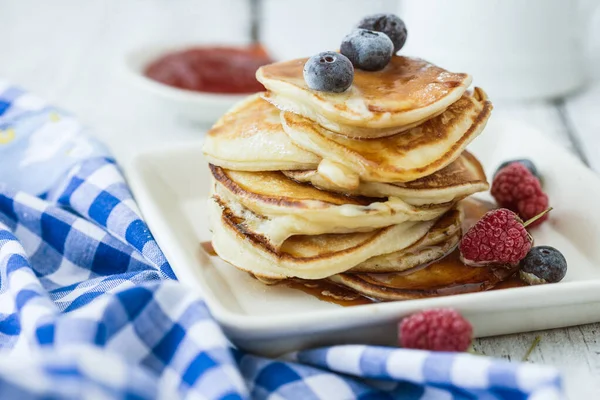 Homemade Pancake Hot Cake Stacked White Plate Sweet Pancake Fresh — Stock Photo, Image