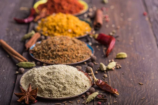 Heaps Various Ground Spices Wooden Background Georgian Spices Indian Spices — Stock Photo, Image