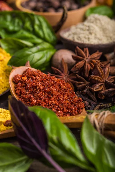 Heaps Various Ground Spices Wooden Background Georgian Spices Indian Spices — Stock Photo, Image