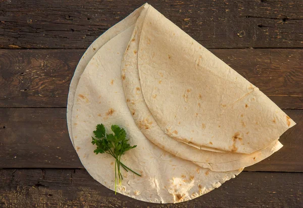 Pane Piatto Armeno Lavash Pane Pita Fondo Legno Ricevuto Vista — Foto Stock