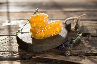 Balmumu ve sıvı doğal sarı bal içeren bal peteği parçası. Kırsal kesim. Arı ürünleri organik doğal bileşenler kavramına göre