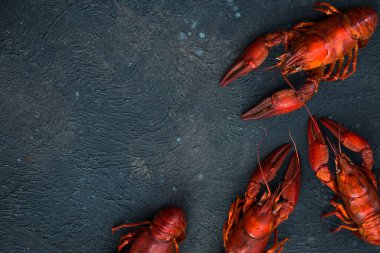 Kerevit. Kırmızı kaynamış kerevitler kırsal tarzda masada, yakın plan.. 