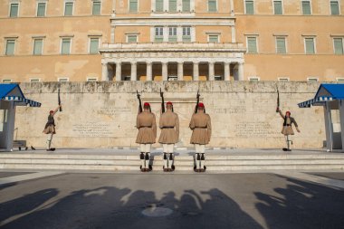 Greece, Athens - July 27, 2019: Changing the Guard ceremony at Syntagma Square Greece. One of the military tradition and tourism attraction in the city