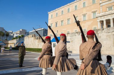 Greece, Athens - July 27, 2019: Changing the Guard ceremony at Syntagma Square Greece. One of the military tradition and tourism attraction in the city