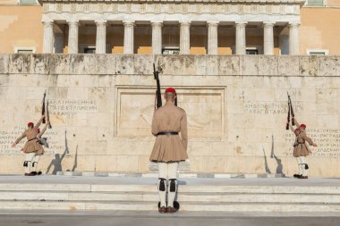 Greece, Athens - July 27, 2019: Changing the Guard ceremony at Syntagma Square Greece. One of the military tradition and tourism attraction in the city