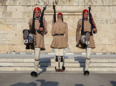 Greece, Athens - July 27, 2019: Changing the Guard ceremony at Syntagma Square Greece. One of the military tradition and tourism attraction in the city