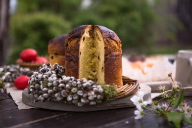 Paskalya Pastası, Ukrayna Geleneksel Kulich veya bahar çiçekleriyle hafif bir arkaplanda Brioche