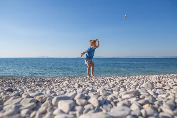 Funny Little Boy Jumping High Beach Sea Shore Summer — Stock Photo, Image