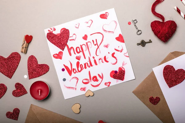 Postal San Valentín Feliz Día San Valentín Inscripción Corazones Rojos — Foto de Stock