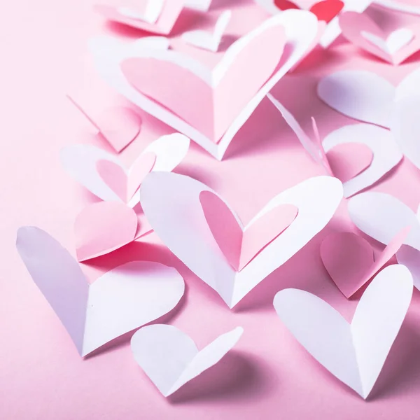 Dia Dos Namorados Fundo Festivo Com Corações Papel Rosa Branco — Fotografia de Stock