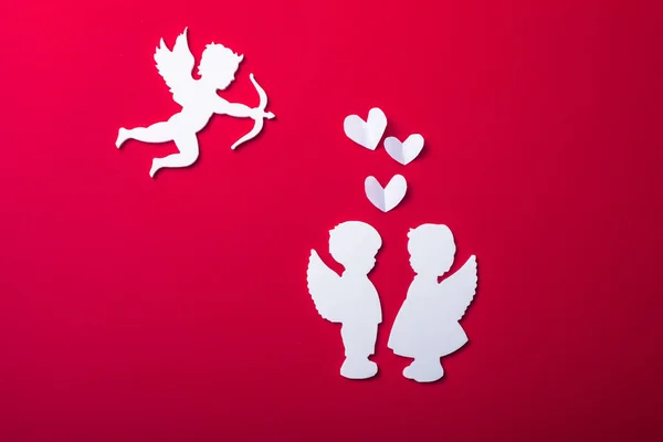 Fliegende Amor Silhouette Zwei Weiße Engel Fröhliche Valentinstag Banner Papierkunst — Stockfoto