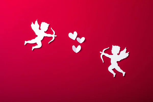 Silueta Voladora Cupido Felices Banderas Del Día San Valentín Estilo —  Fotos de Stock