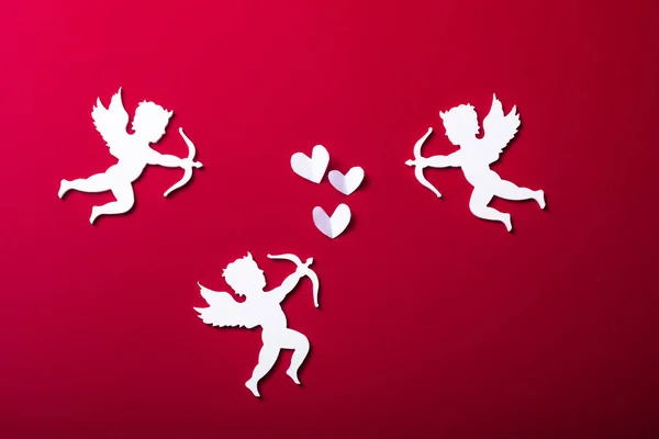 Silueta Voladora Cupido Felices Banderas Del Día San Valentín Estilo —  Fotos de Stock