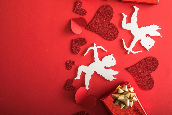 Silueta Voladora Cupido Con Corazones Regalos Felices Banderas San Valentín — Foto de Stock