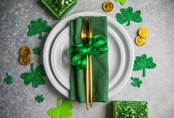 Beautiful Festive Table Setting Patricks Day Cutlery Lucky Symbols Copy — Stock Photo, Image