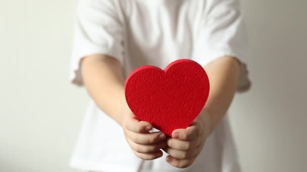 Rotes Herz Hautnah Den Händen Eines Kleinen Jungen Valentinstag — Stockvideo