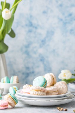 Kırmızı tabakta renkli Fransız ya da İtalyan kurabiyeleri. Öğleden sonra çayıyla ya da kahve molasıyla servis edilen tatlı. Güzel yemek arkaplanı