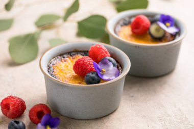Creme brulee. Karamelli şeker ve böğürtlenli Fransız vanilyalı tatlı, seçici odaklı..