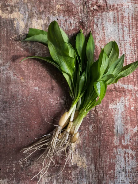 Ett Gäng Nyplockade Gröna Vilda Vitlöksblad Trä Bakgrund — Stockfoto