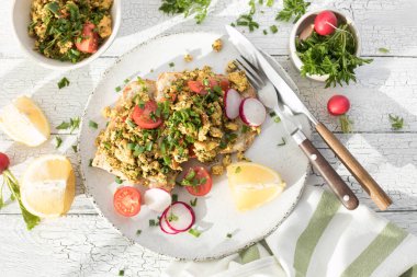 Scrambled Tofu crispy Toast , tomato salad. Vegan vegetarian, plant based food