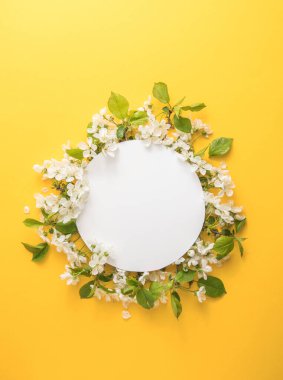 Zarif çiçek kompozisyonu. Sarı arkaplanın ortasında boş kağıtlar var. Marka modeli, tatil pazarlama konsepti. Kiraz ve beyaz çiçeklerin bileşimi çerçeve etrafında sıralanmıştır. Tebrik kartı şablonu. Mutlu kadınlar günü, bahar, 