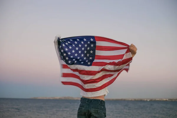 Little Boy Lets American Flag Fly His Hands Wind Sea — Stock Photo, Image