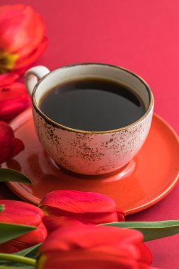 Bir buket kırmızı lale ve kahve fincanı düzenleme ve metin için bir sürü fotokopi alanı. Bahar havası. Doğum günü, Kadın, Anneler Günü, Düğün, Sevgililer Günü için tebrik kartı..