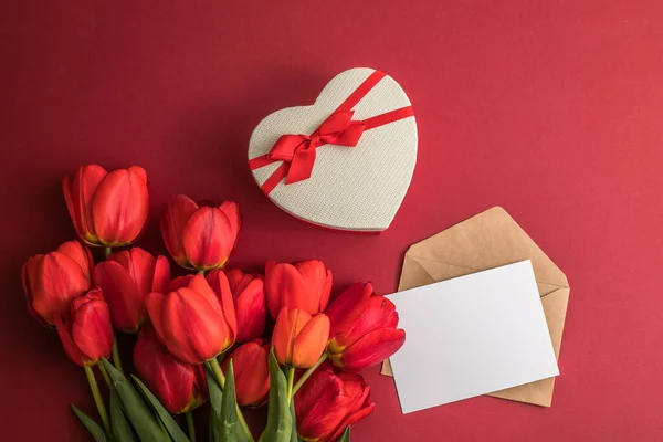 Bouquet Red Tulips Gift Heart Box Isolated Red Background Spring — Stock Photo, Image