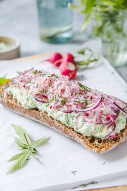 Açık arkaplanda krem peynirli ve turplu taze yeşil bahar sandviçi. Kopyalama alanı