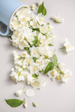 Yeşil yapraklı gri arkaplanda çiçek kompozisyonu, fincanda çiçekler düzdü.