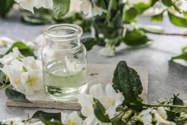 Yasemin yağı ve taze yasemin çiçeği. Alternatif tıp ve doğal vücut bakımı kozmetikleri. Beyaz çiçek tomurcukları.