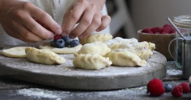 Woman Made Homemade Dumplings Pierogi Wooden Background Flour Traditional Ukrainian — Stock Video