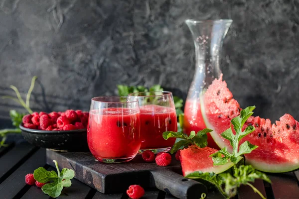 Summer Drink Cold Watermelon Juice Lime Mint Wooden Board Berry — Stock Photo, Image