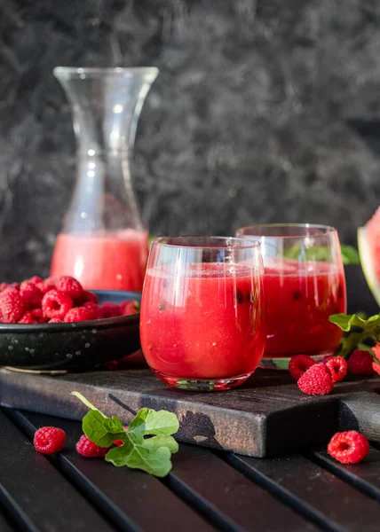 Summer Drink Cold Watermelon Juice Lime Mint Wooden Board Berry — Stock Photo, Image