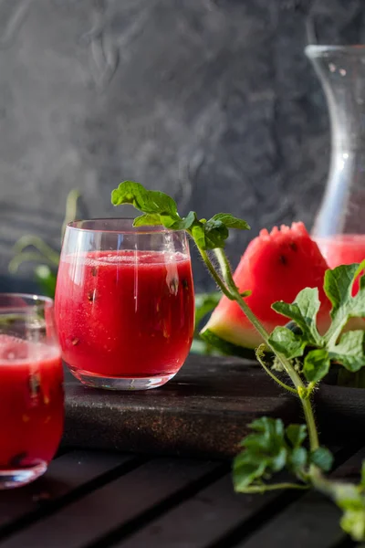 Summer Drink Cold Watermelon Juice Lime Mint Wooden Board Berry — Stock Photo, Image