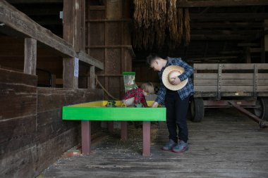 Kırsal bir çiftlikteki ahşap bir ahırda tahıl ve oyuncak traktörlerle oynayan iki çocuk.